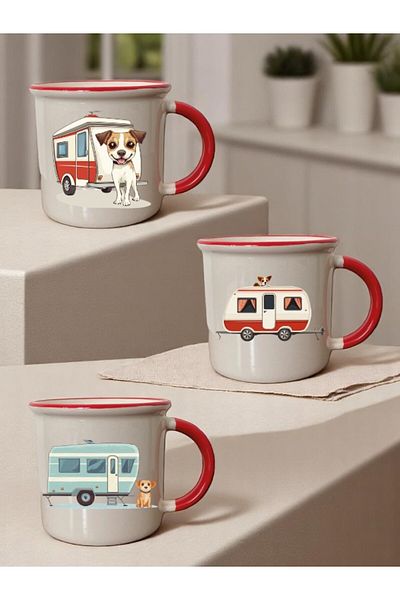 lili hediyelik Dog and Caravan Printed 3-Piece Red Ceramic Mug Cup Gift Coffee Cup