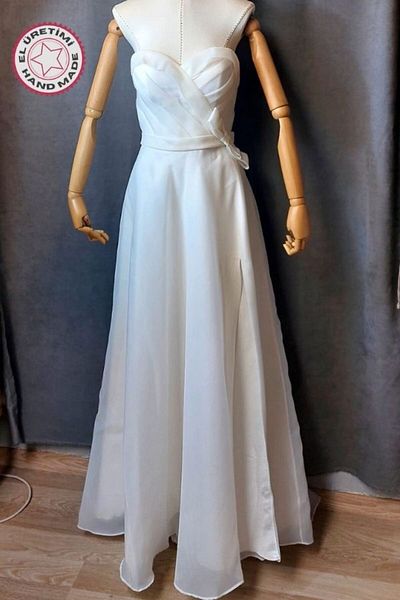 Uretti - Talia 8659 4684 Χειροποίητο M λαιμόκοψη Οργάντζα Ύφασμα Σχιστό Βραδινό Φόρεμα - Μέγεθος S