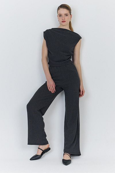 Rays Anthracite Asymmetric Shoulder Detailed Blouse and Wide Leg Pants Set 1491