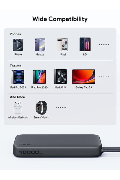 AUKEY 10,000mAh, Lite Slim Power Bank15W PD, Fast Charging, with Built-in USB-C Cable, Gray.