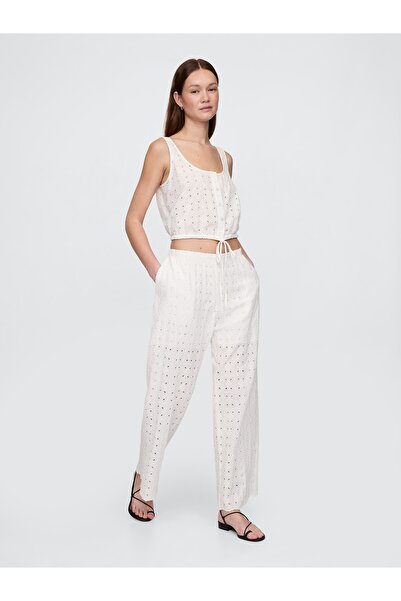 GAP Kadın Beyaz Mid Rise Eyelet Kolay Wide-Leg Pantolon