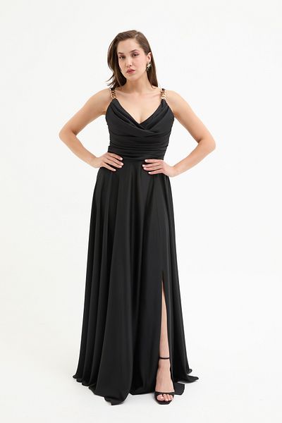 Lafaba Women's Black Gold Accessory Long Evening Dress