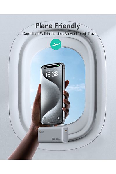AUKEY 20W PD، 5,000mAh, Portable Power Bank with Built-in foldable USB-C Port, White.