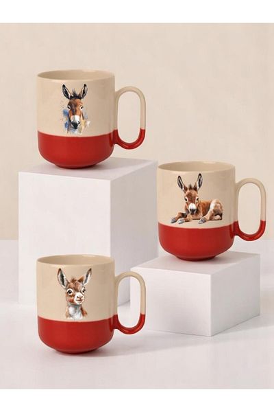 lili hediyelik Donkey Printed 3-Piece Red Base Ceramic Mug