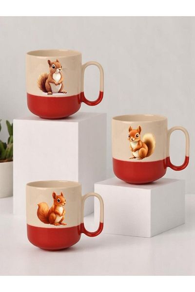 lili hediyelik Squirrel Printed 3-Piece Red Base Ceramic Mug