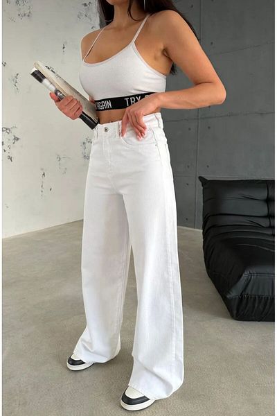 CİHAN PAPEL Women's White Palazzo Jeans 100% Cotton Jeans