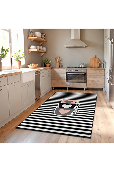 Realhomes Sevimli Kalp Desenli Siyah-Beyaz Çizgili Yıkanabilir Kaymaz Taban M...
