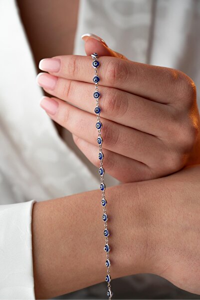 Nereze 925 Ayar Gümüş Rodyumlu Sıralı Mavi Renkli Nazar Göz Bileklik