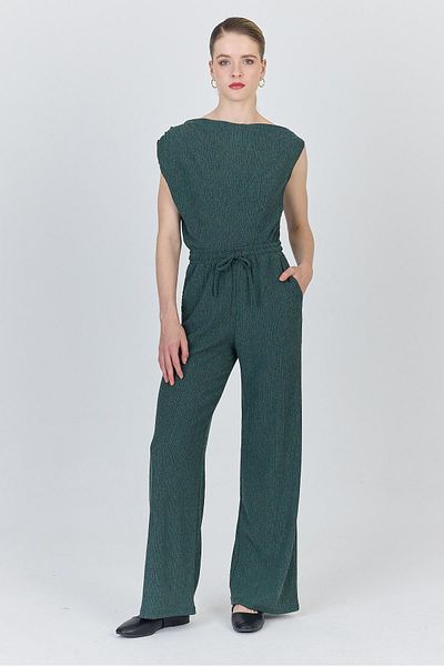 Rays Green Asymmetrical Shoulder Detail Blouse and Wide Leg Pants Set 1491