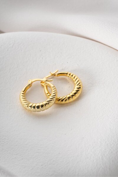 Nereze 925 Ayar Gümüş Gold Rengi Çizgili Model 20 mm Şarnel Küpe