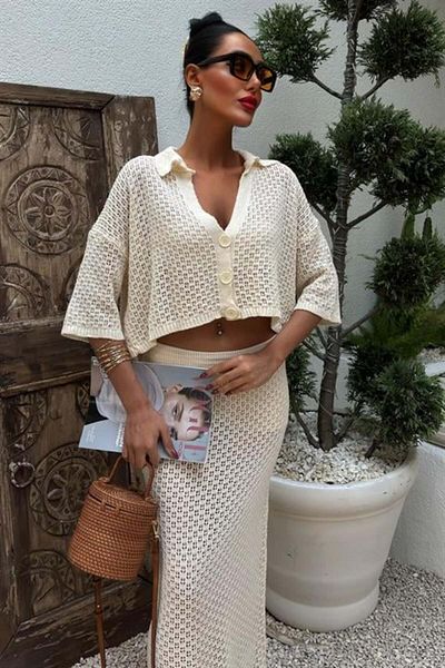 RICHMOST Low-Cut and Button Detailed V-Neck Openwork Women's Knitwear Skirt Crop Set (2 Pieces) Ecru