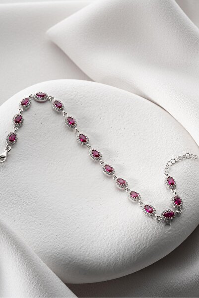 Nereze 925 Ayar Gümüş Rodyumlu Sıralı Fuşya Renkli Taşlı Oval Model Bileklik