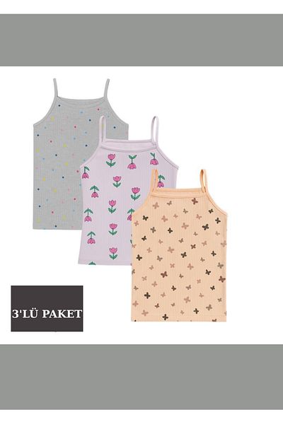 NURDAĞI Girl's Strap Undershirt - Printed with Report - Pack of 3 (Ages 4-12)