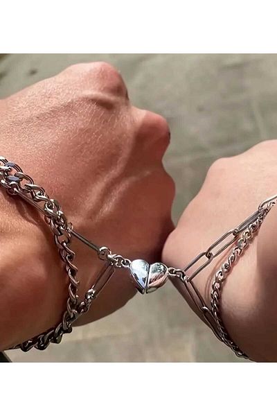 sarıyer silver Heart Figured Magnet Magnetic Matching Lover Couple Style Love Themed Steel Bracelet