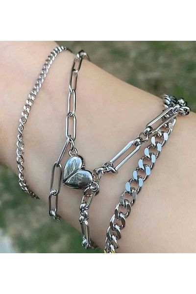 sarıyer silver Heart Figured Magnet Magnetic Matching Lover Couple Style Love Themed Steel Bracelet