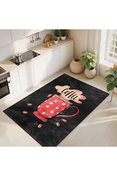 Realhomes Çizgili Kupa ve Kahve Motifli Renkli Mutfak Halısı - Yıkanabilir Ka...