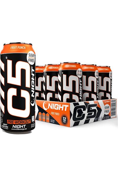 C5 Energy Drink Night Fruit Punch, Pre Workout, Zero Caffeine, Sugar Free, (Box of 12)