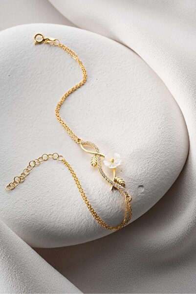 Nereze 925 Ayar Gümüş Gold Zirkon Taşlı Manolya Çiçeği Bileklik