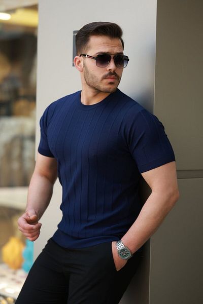 modaserdem Men's short sleeve crew neck striped knitwear t-shirt