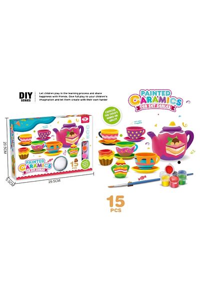 Point Plus Porcelain Tea Set Coloring Game - 15 Pieces + Colors and Brush - Suitable for children aged 6 and up