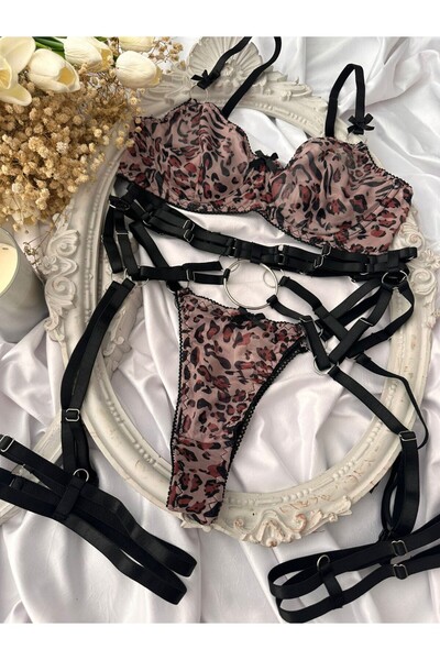 Delar Luxury Set de lenjerie cu jartieră Nansie Leopard