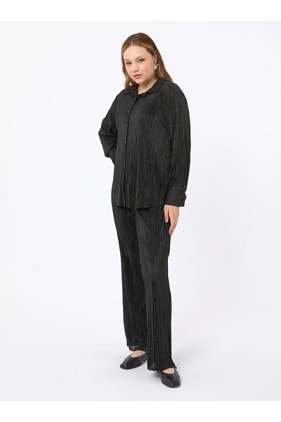 ALİA Σετ Πλισέ Μπλουζάκι & Παντελόνι Plus Size - Μαύρο - Alia