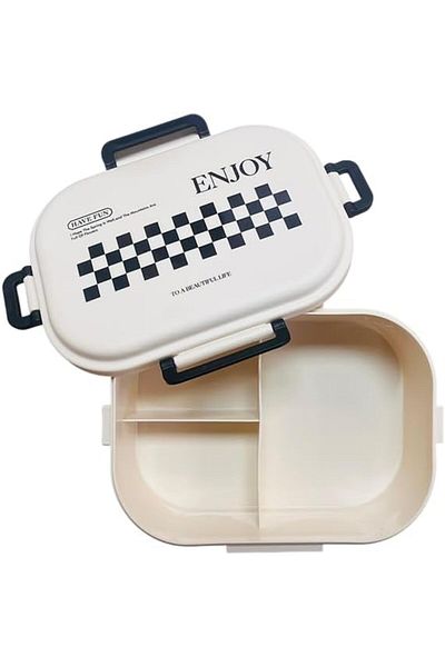 Bisbell Enjoy Checkerboard Lunch Box, Divided Compartments, White and Navy, with Spoon