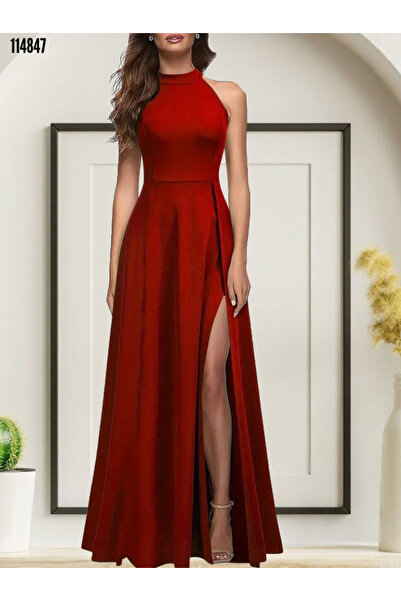 Modayakamoz Kadın Tam Boy Janjan Krep Abiye Elbise Halter Yaka Derin Yırtmaç Detaylı