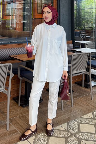 Tesettür Diyarı Women's Linda Fabric Pocket Detailed Hijab Shirt - White