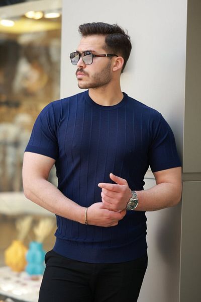 modaserdem Men's short sleeve crew neck striped knitwear t-shirt
