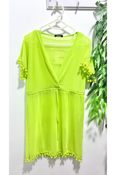 MY SEA P-19 Neon Green Waist Tie Half Sleeve Pompom Tulle Pareo