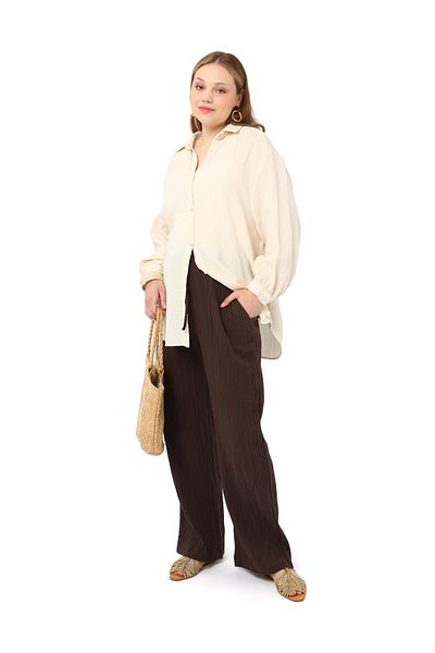 ALİA Muslin Fabric Comfortable Fit Plus Size Trousers - Brown - Alia