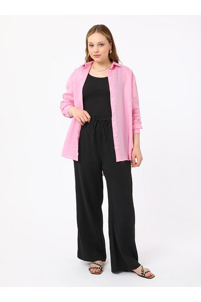 ALİA Muslin Fabric Comfortable Fit Plus Size Trousers - Black - Alia