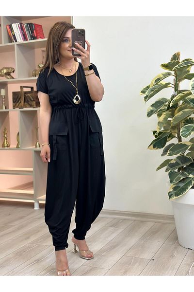 MELTEM TUĞAN Sandy Fabric Jumpsuit with Drawstring Waist Pocket Detail Black