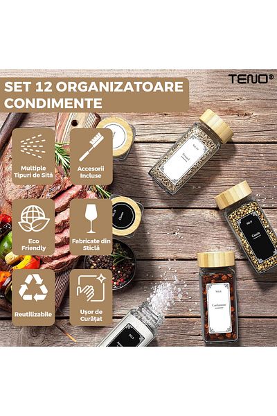Teno Set of 12 Teno® Spice Organizer Containers, funnel, brush, sieve, labels and marker, bamboo