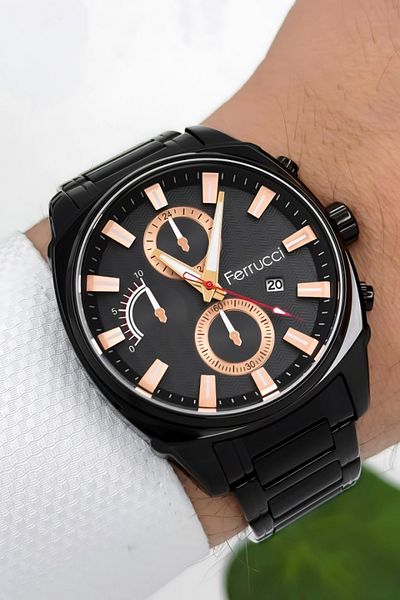 Ferrucci Men's Wristwatch with Calendar - Zmfer181 |   Steel Case & Steel Cord |   Black