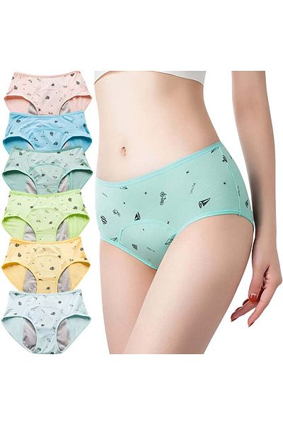 Linovit Set Of 6 Linomag® Teen Menstrual Panties, Light Flow, 3 Layers, Reusable Cotton, Xs, Multicolor