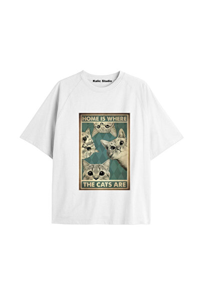 Kalic Studio Tricou alb cu imprimeu de pisici vintage Y2K, cod 20