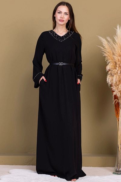 lodmela Casual Form Dress with Collar and Sleeve Embroidery Detail 1015-Black