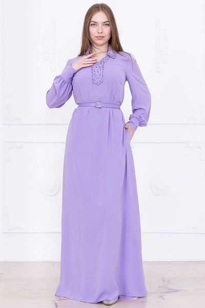 lodmela Lapel Embroidery Detailed Belted Comfortable Form Dress 1016-Lilac