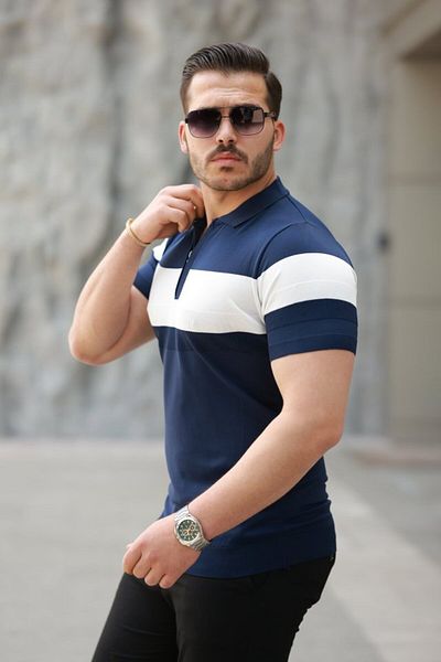 modaserdem Men's zipper collar stripe color pattern short sleeve t-shirt