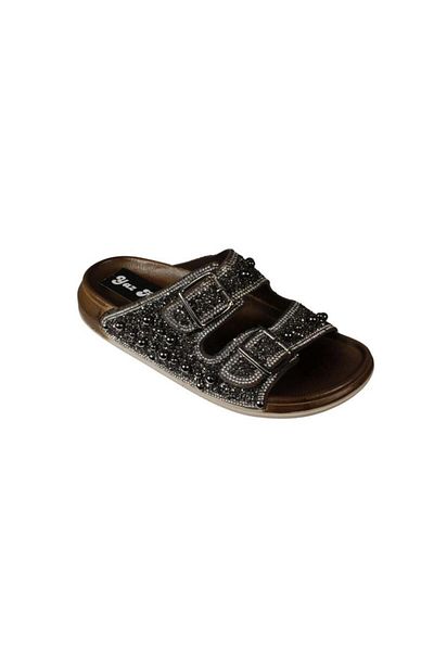 Yaz Kış Ayakkabı Yazkiş Women's Black Platinum Double Striped Stone Slippers