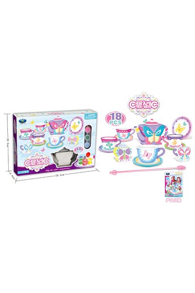Point Plus Porcelain Tea Set Coloring Game - 18 Pieces Butterfly Design + Colors and Brush - Suitable for children aged 6+