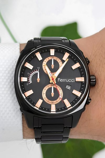 Ferrucci Men's Wristwatch with Calendar - Zmfer181 |   Steel Case & Steel Cord |   Black