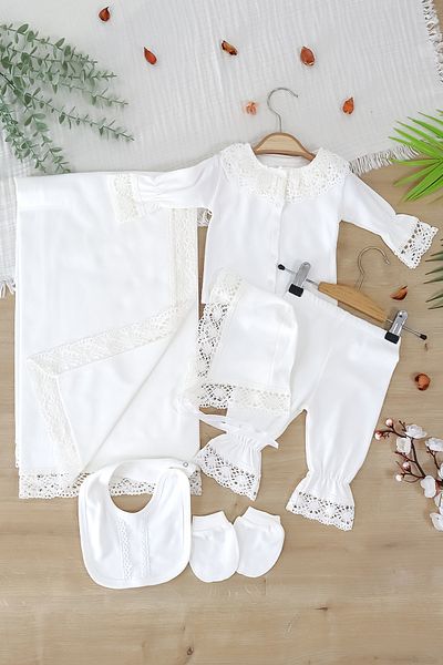 Sitilin Baby Girl Natural Cotton Fabric 6-Piece Lace Luxury Blanket Hospital Release Bodysuit Set Stl7018