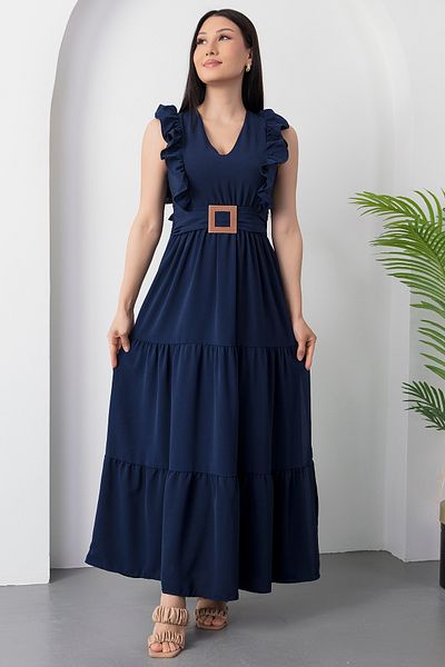 PULLIMM V-Neck Buckle Belt Dress Dks1296