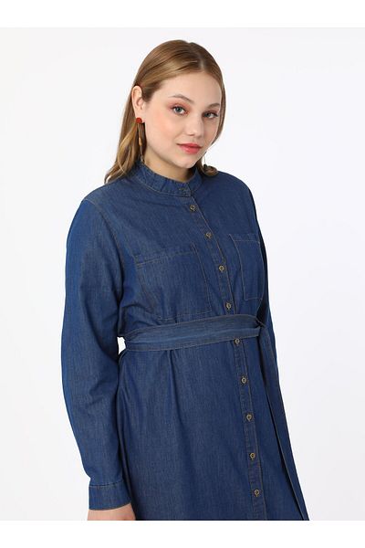 ALİA Plus Size Natural Fabric Buttoned Denim Hijab Dress - Dark Navy Blue - Alia