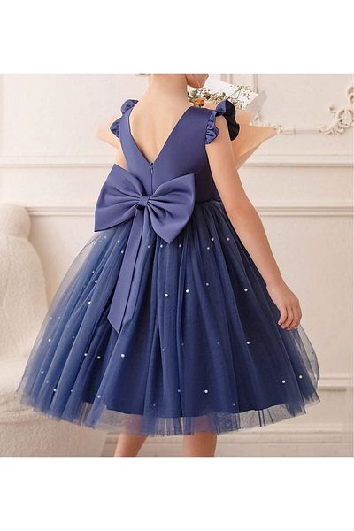 MadyaButik Girl's Navy Blue Ruffle Sleeve Short Pearl Dress Graduation Birthday Special Occasion Evening Dress