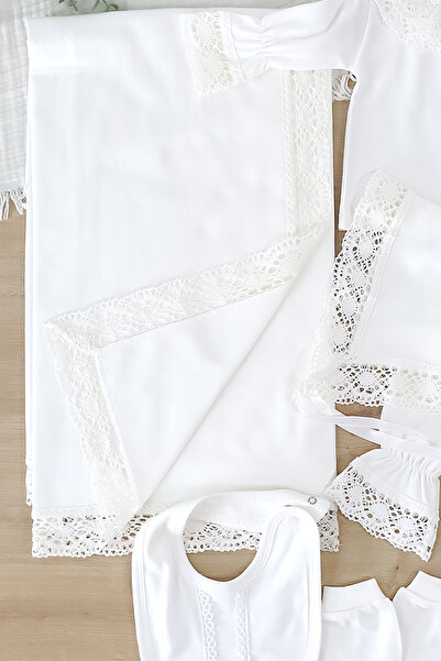 Sitilin Baby Girl Natural Cotton Fabric 6-Piece Lace Luxury Blanket Hospital Release Bodysuit Set Stl7018