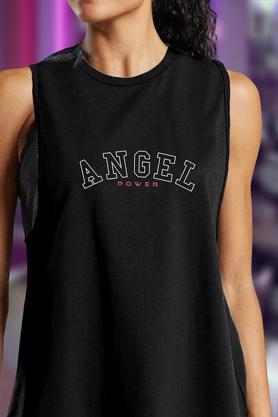 BESSA Women's Angel Power Printed Black Oversize Crew Neck Cotton Sleeveless T-Shirt/ Singlet Gym Tank Top